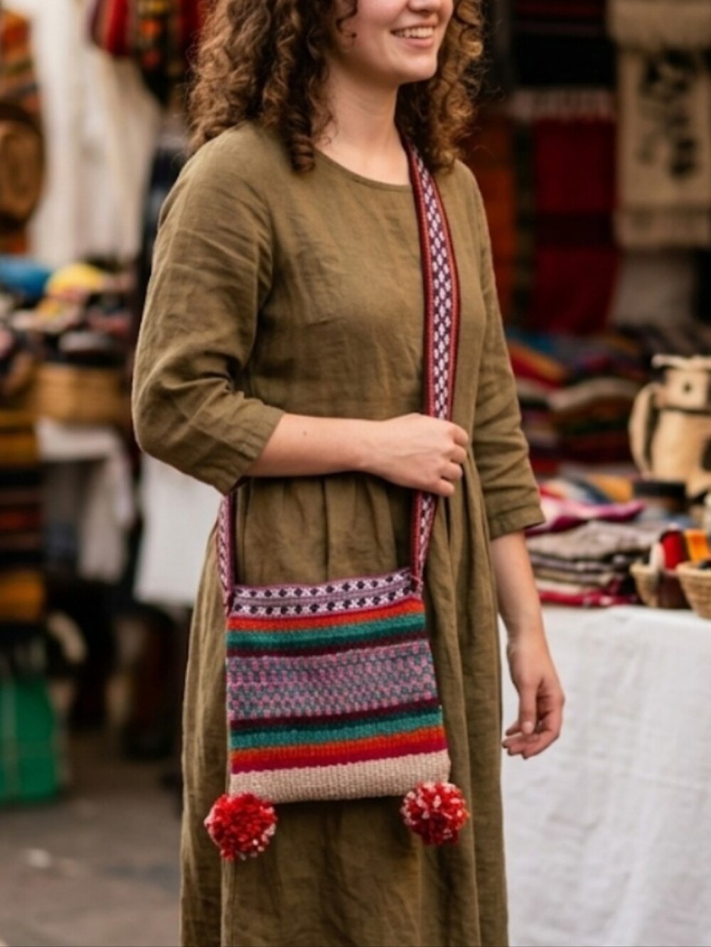 Handwoven Peruvian Crossbody Bag Wool Pom Pom Boho